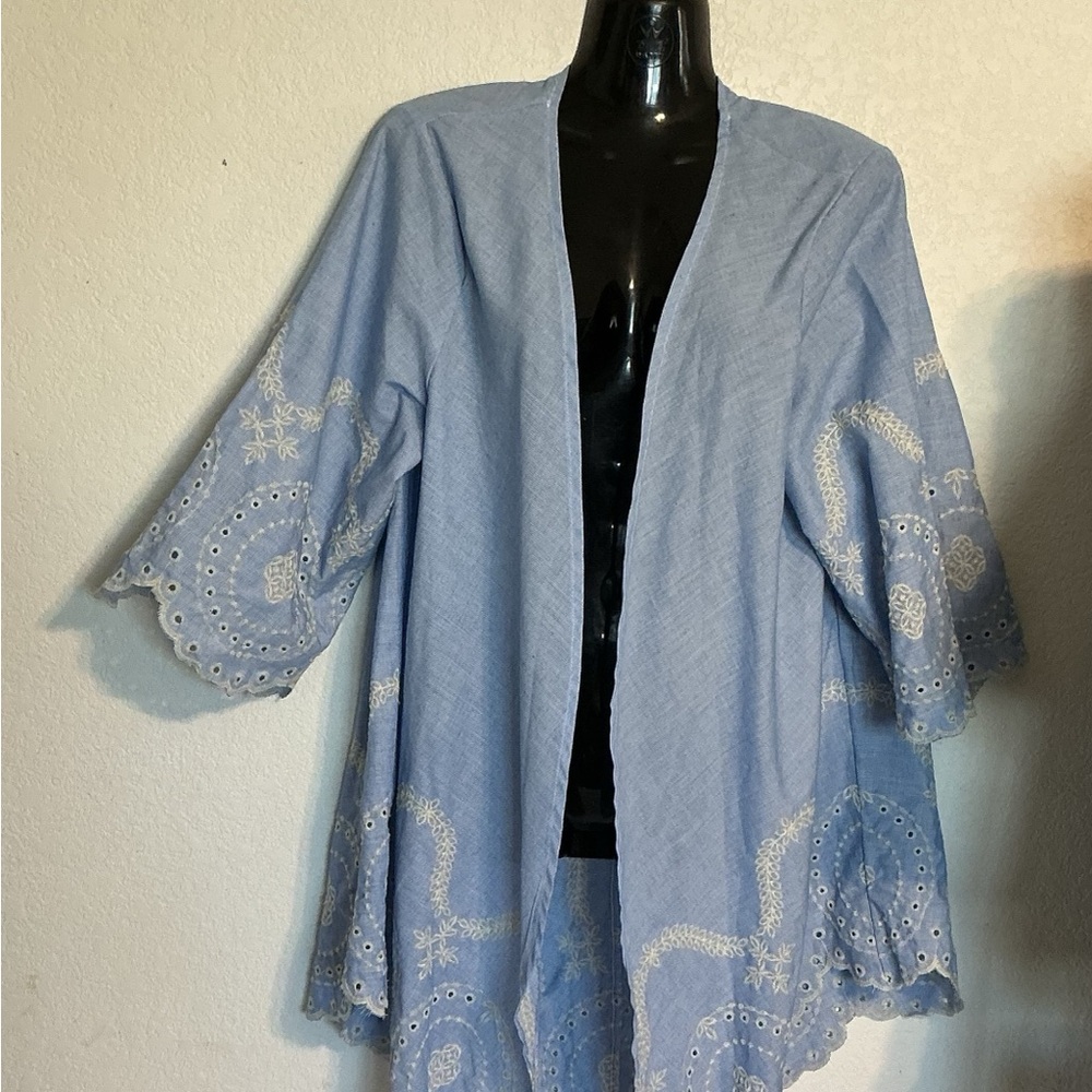 Women's Embroidery Open Front Cardigan in blue, size S/M,